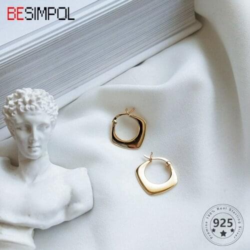 Besimpol 925 Sterling Silver Creative Geometric Stud Earrings Golden Irregular Charm Earrings For Women Festival Jewelry Gift