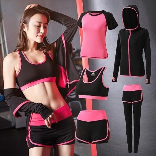 High waist pants+hooded coat+t shirt+bra+short women 5 pieces set outdoor running quick dry fitness gym clothing sports
