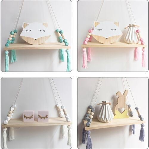 Kids room Wooden wall shelves Natural Wood Beads Wall Shelf Storage Shelf Kids Decorative Shelves For Kids Nursery Decoration