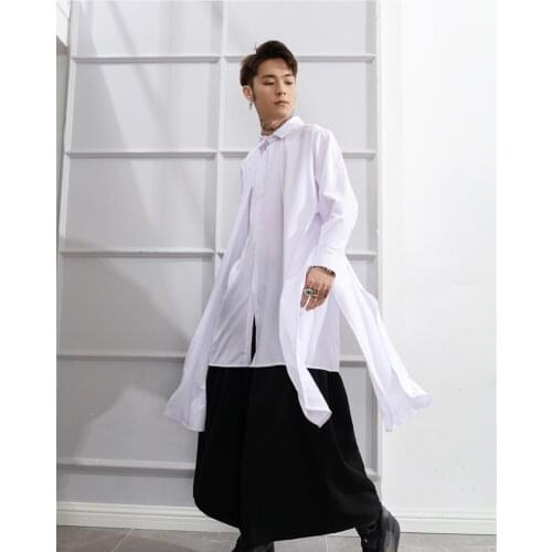 Long mens shirt fake 2 long sleeve shirts personalized hip hop high street performance stage hairdresser big size Japan and Kor