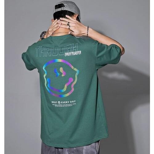Hip Hop T Shirt Men Women Streetwear Reflective Laser Smiling Face Tshirt Harajuku Summer Cotton Top Tees Short Sleeve Oversized
