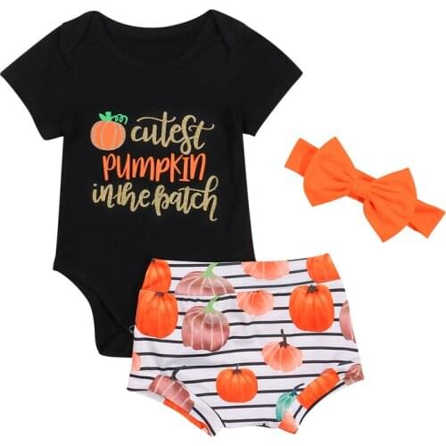 2021 Summer Halloween Baby Girls Clothes Set, Letter Print Short Sleeve O-neck T-shirt+Pumpkin Print Shorts+Solid Color Headband