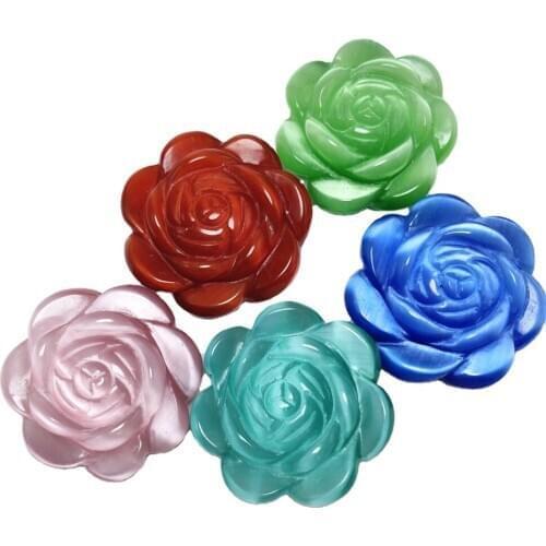 Mineral Quartz Crystal Cat Eye Opal Stone Hand Carving Peony Flower Ornament Desktop Home Office Decor Crafts