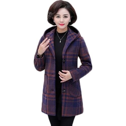 Middle-aged Women Coat New Fashion Hooded Outerwear Plaid Woolen Coat Autumn Winter Jacket Mother Clothes Plus Size Female Tops
