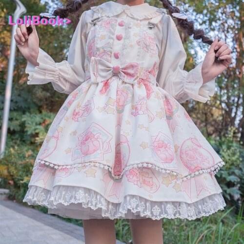 Lolibook Sweet Kawaii Jsk Lolita Dress Women Vintage Victorian Gothic Cartoon Sleeveless Bow Lace Princess Tea Party Dresses