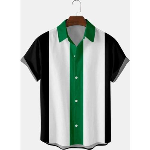 50s Mens Shirt Vertical Striped Printed Shirts For Men Button Up Shirt Short Sleeve Summer Light Blouse Male Bowling Shirts