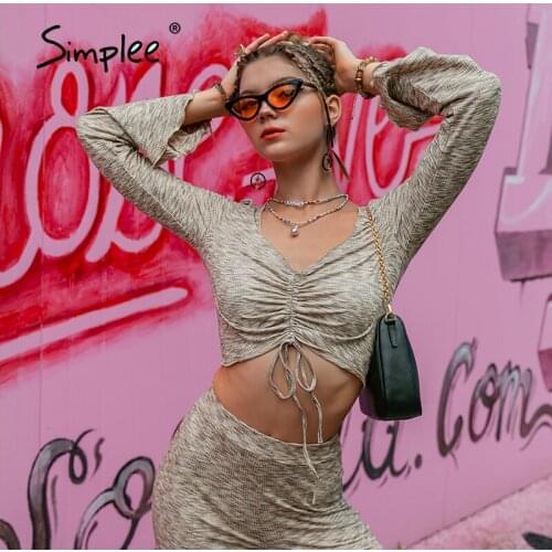 Simplee Casual stripe pants suits women Fashion long sleeves drawstring shrinkage tops high waist pants Beach two piece sets