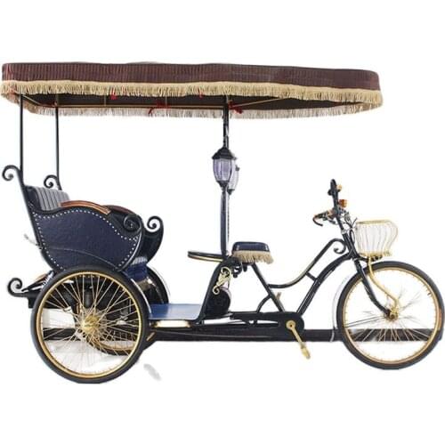 3 Wheel Vintage Electric Tricycle Pedicab Rickshaw Taxi Pedal Boost Sightseeing Car Tandem Quad Bike for Park