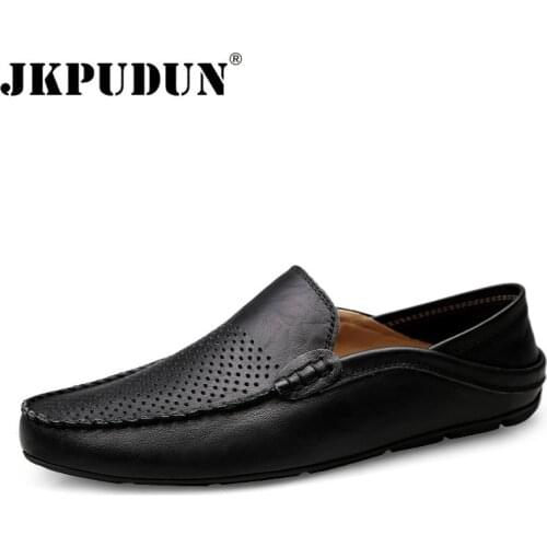 JKPUDUN Italian Men Shoes Casual Luxury Brand Summer Mens Loafers Genuine Leather Moccasins Breathable Slip on Boat Shoes Black