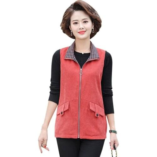 Corduroy Vest Women Coats New Autumn Female Sleeveless Jacket Winter Vests Plaid Plus Size Mothers Windproof Warm Waistcoat
