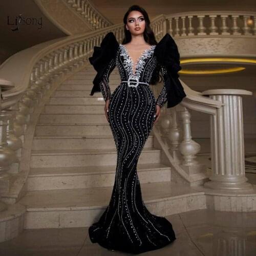 Vintage Black Rhinestone Mermaid Evening Dresses 2020 Shiny Beaded Long Prom Gowns Full Sleeves Ruffles Vestidos De Noite