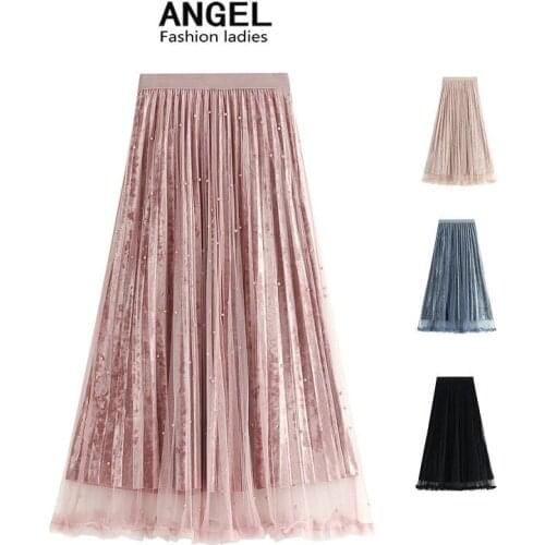 Show thin tall waist more nail bead pleuche white gauze pleated skirts long skirt in the female