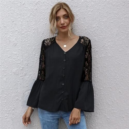 Womens Solid Color Long-sleeved Shirt, Black See-through Flared Sleeve Thin Top, Autumn Street Wear, Ladies All-match Cardigan