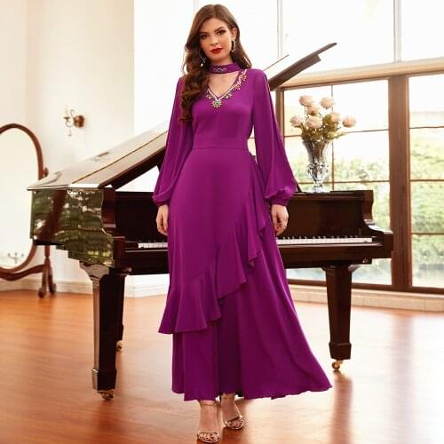 Fridayin Womens Charming Banquet Style V-Neck Solid Color Slim Evening Dress Abayas Turkish Vestidos Islamic Robe Clothing
