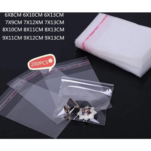 200pcs 6x8 6x13 7x9 8x10 9x11 9x13cm Small Size Transparent Self Adhesive Resealable Cellophane Poly Gift Jewelry Packaging Bags