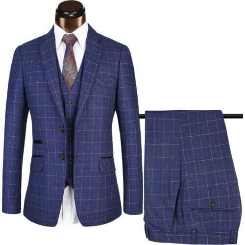 2021 Custom Made 3-piece Male Formal Business Suit for Mens Fashion Groom Blue Plaid Wedding Dress Suit ( Jacket+Vest+Pants )
