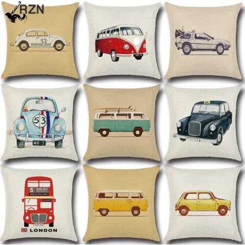 45x45cm Linen Pillow Decorative Linen Cushion Cover Cartoon Vintage Car Pillow Case Square Vintage Almofadas