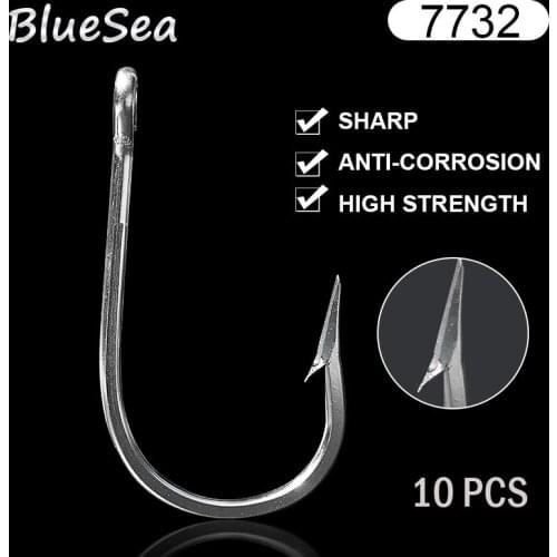 BlueSea 10 Pcs/Pack 7732 Stainless Steel Shark Fish Hooks Saltwater Fish Hooks Sea Big Game J Type Large Fish Hooks