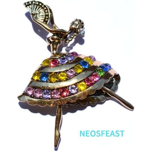 Classic Jewelry Rhinestone Dancing Girl Brooch Anti Gold Color Floral Women Vintage Pin Ladies Wedding Gifts Dress Accessories