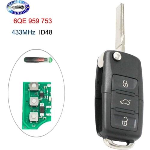Flip Remote Key Fob 3 Buttons With ID48 Chip 433MHz 6QE 959 753 FOR VW