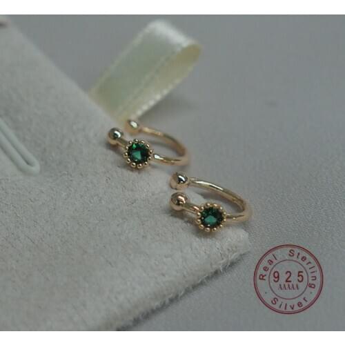 925 Sterling Silver European Style Open Dark Green Zircon Gold Ear Clip Women Street Photography Jewelry
