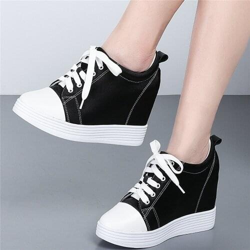 10cm High Heel Fashion Sneakers Women Lace Up Genuine Leather Wedges Ankle Boots Female Silk Platform Oxfords Shoes Casual Shoes