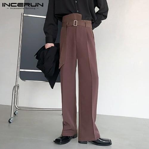 Fashion Men Casual Pants Solid Joggers 2021 Korean Straight Trousers Men With Belt Streetwear Loose Irregular Long Pants INCERUN