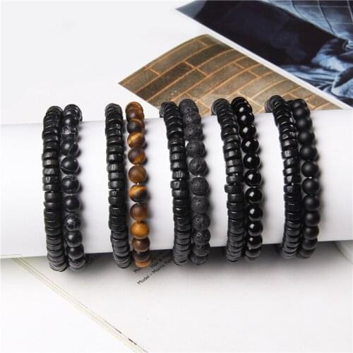Fashion Men Wooden Bracelet Natural Stone Charm Bloodstone Lava Turquoises Coconut Wood Flake Pray Health Vintage Jewelry Ethinc