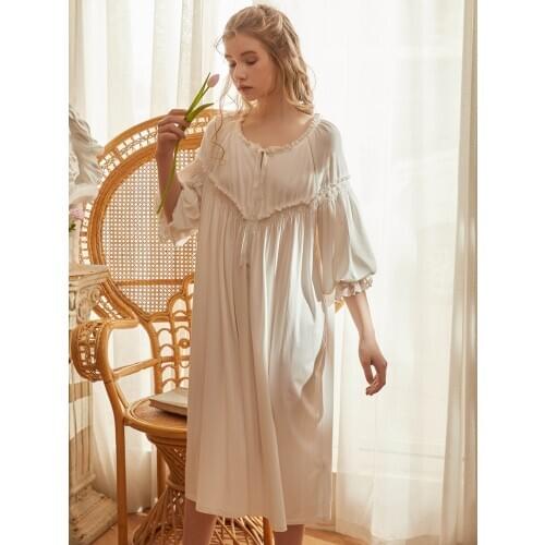 Royal Vintage Cotton Womens Nightgowns Short Sleeve Elegant Autumn Spring Female Loose Thin Sleepwear