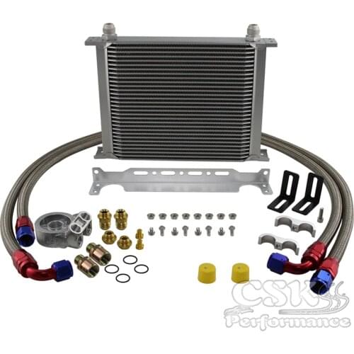 New 30 Row Engine Oil Cooler w/ 80 Deg Thermostat Plate + AN10 Oil Lines Kit Silver / Black
