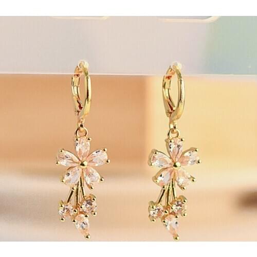 New Gold Yellow Color Filled Women Elegant Crystal Flower Zircon Earrings Birthday Christmas Party Gift Bijouterie