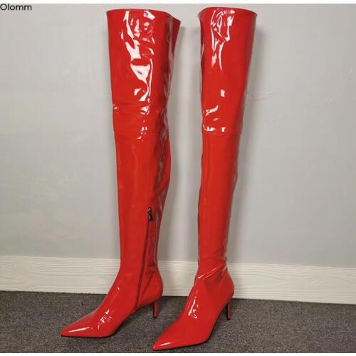 Olomm Handmade Women Shiny Thigh High Boots 7.5 cm Thin Heels Boots Pointed Toe Gorgeous Red Party Shoes Women Plus US Size 5-15