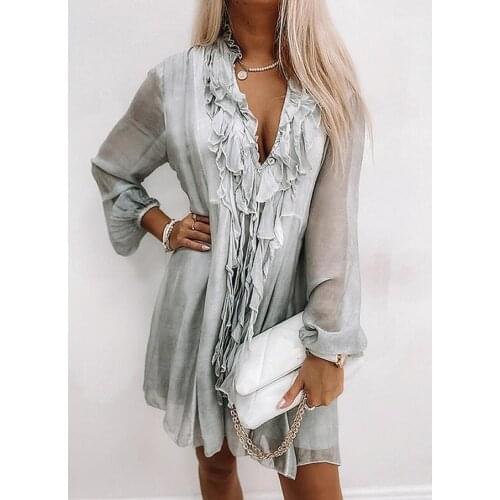 Autumn Womens Chiffon V Neck Flower Print Dress Casual Long Sleeve Short Dress Female Boho Leisure A Line Party Vestidos 2021