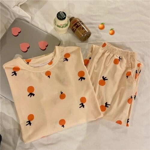 Autumn Long Sleeve Pajamas Home Suits Korean Sleepwear Orange Print for Women Summer Pyjama Girls PijamaTwo-piece Suit Sleepwear