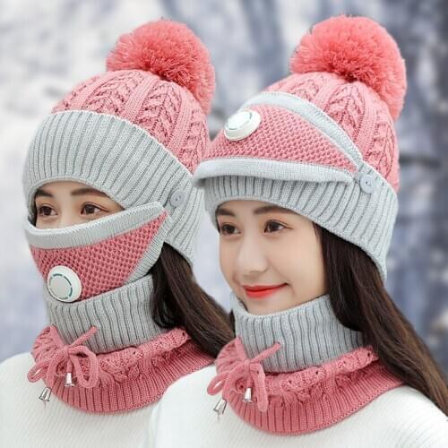 3pcs/Set Fashion Winter Hat Scarf Mask Set For Women Girls Warm Beanies Breathe Scarf Pompoms Knitted Caps Scarf gorro beanie