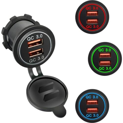 USB Car Motorcycle Cigarette Lighter QC 3.0 Dual USB Charger 12V-24V Car Moto Cigarette Lighter Sockets Power Plug Outlet LED