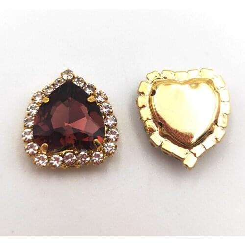 12mm Wine Red Heart-Shaped Crystal Buckle, Gold Base Glass Sew On Rhinestones For DIY Clothing Nail Art Jewelry Accessories