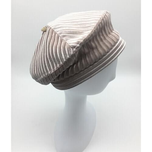 Women Solid Beret Lady Girls Striped Velvet Hat Female Painter Style Winter Hat with Metal Ring on the TOP Pink Grey Black Beige