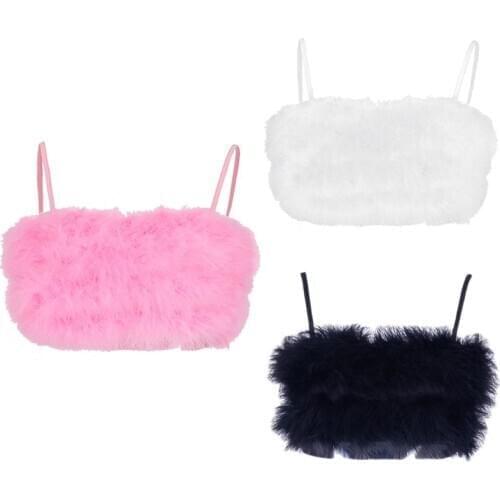 Womens Sexy Feather Crop Top Sleeveless Solid Color Mini Camisole Fluffy Plush Night Party Clubwear BraletteVest