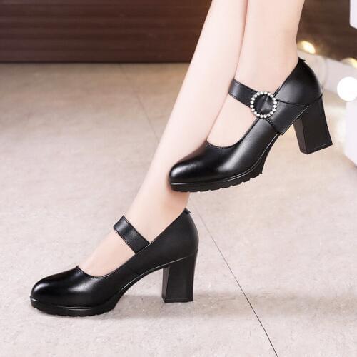 Plus Size Block Heel Mary Jane Shoes Women Pumps 2021 Spring High Heels Shoes Ladies Platform Work Office Shoe Black