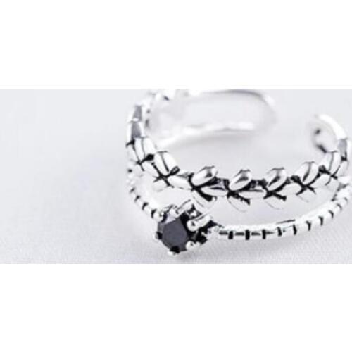 Sole Memory Creative Personality Double Layer Black Onyx Branch 925 Sterling Silver Female Resizable Opening Rings SRI281