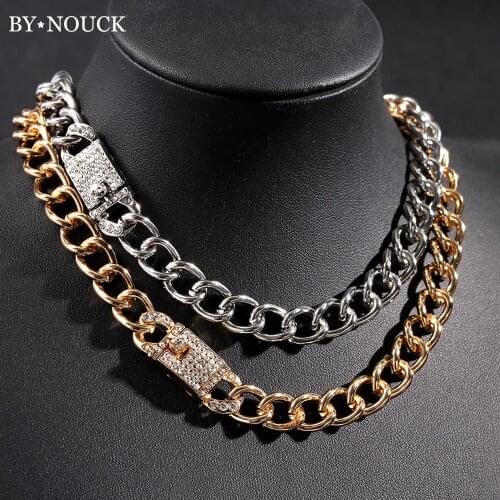 Punk Rock Thick Metal Cuban Link Choker Necklace For Women Bling Crystal Buckle Chunky Curb Cuban Chain Simple Party Jewellery