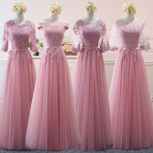Beauty-Emily Tulle Lace Pink Bridesmaid Dresses 2021 for Women A line Wedding Party Prom Dresses Vestido De Festa