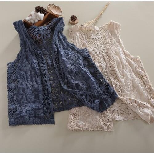 Womens Cotton Crochet Waistcoat New Literature Solid Color Sleeveless Hollow Knitted Vest Women