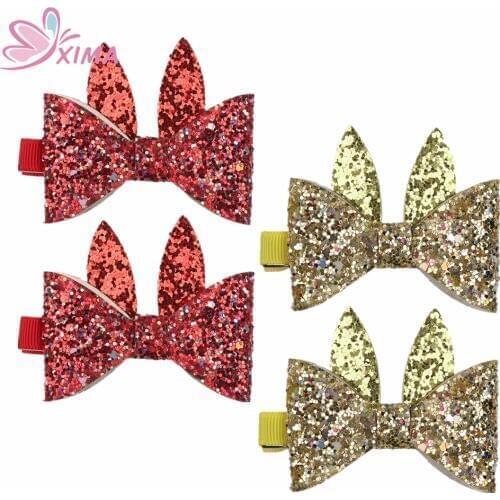 XIMA 1Pair Retail 2'Shiny Bow with Rabbit Ears Hair Clip Hairpin Kids Hairgrips for Hair Accessories