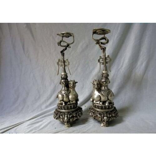 14" China silver Horse Elephant Candlestick Candle holder pair Sculpture Statue