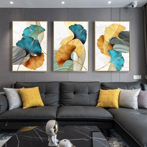 Nordic Golden Blue Ginkgo Leaves Abstract Wall Art Poster Plant Leaf Canvas Painting Modern Print Picture Living Room Decoration