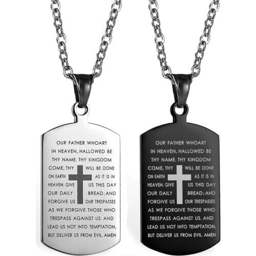 Bible Verse Necklace Cross Stainless Steel Our Father Necklace Dog Tag Pendant Religious Jewelry Black For Christian Prayer Gift