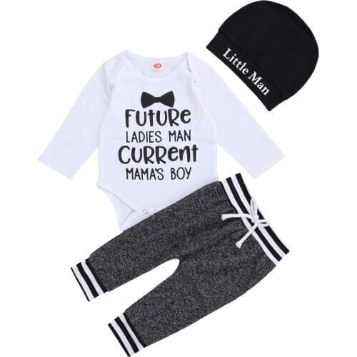2020 New Fall Autumn Infants Baby Boy 3Pcs Set Long-Sleeve Words Printed Bodysuit+High Waist Long Pants+Hat Suit Clothes