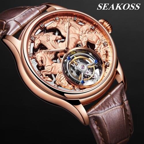 Luxury Mens Tourbillon Mechanical Watch Zodiac Horse Skeleton 24K Gold Leather Men Seagull Sapphire Business Leather Male Watch